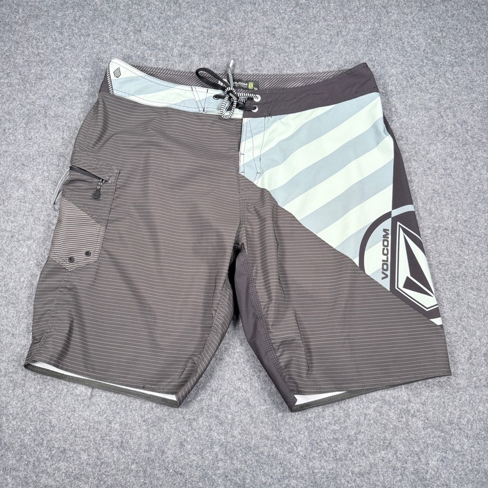 Volcom Mod-Tech Mens Board Shorts Grey Mint Green Striped Size 36 Repreve